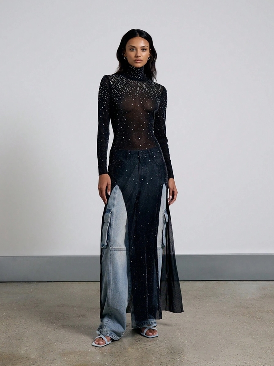 Denim - Women’s Black Embellished Rhinestone Split-Panel Tunic🥰